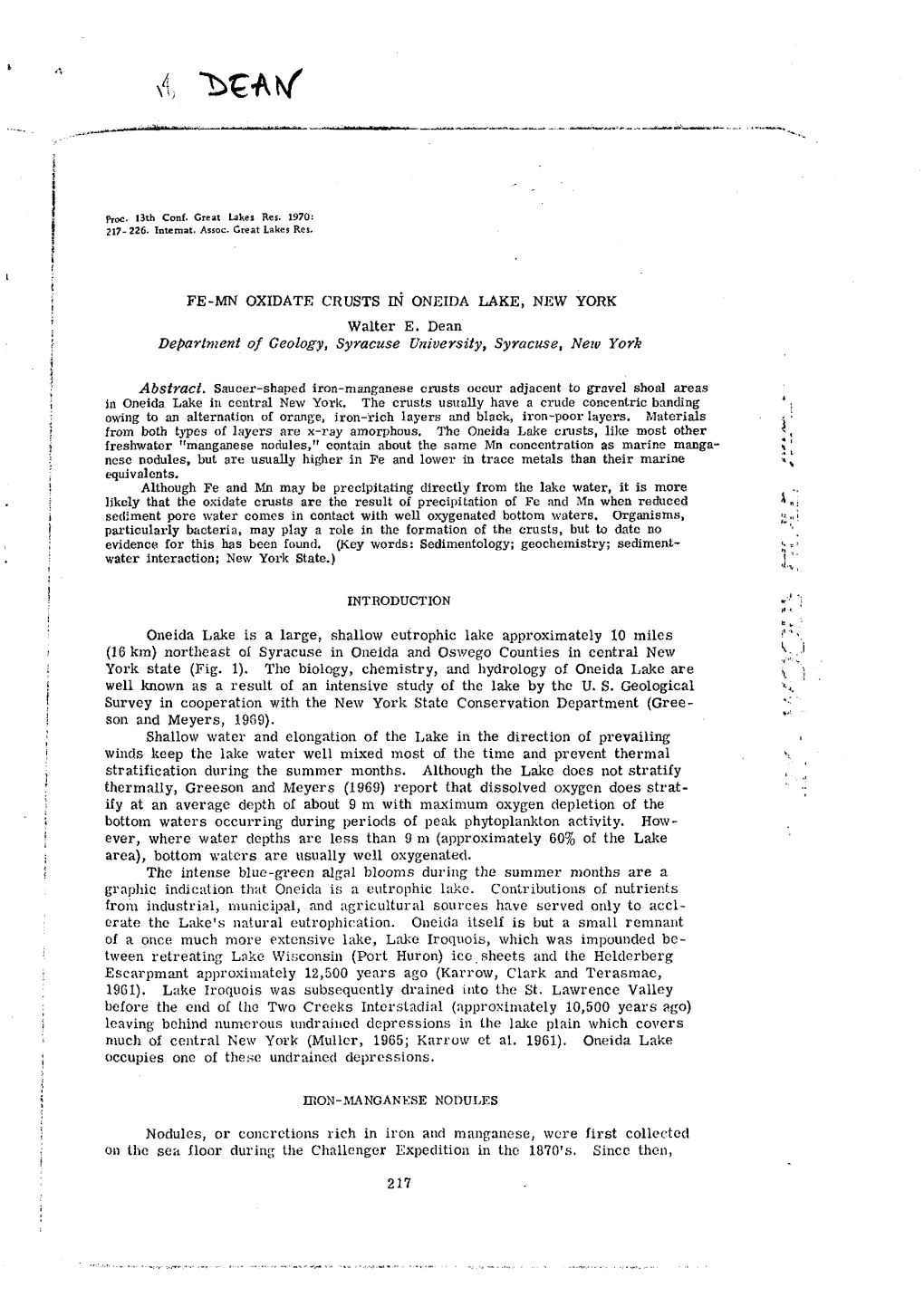 FE-MN OXIDATE CRUSTS in ONEIDA LAKE, NEW YORK Walter E