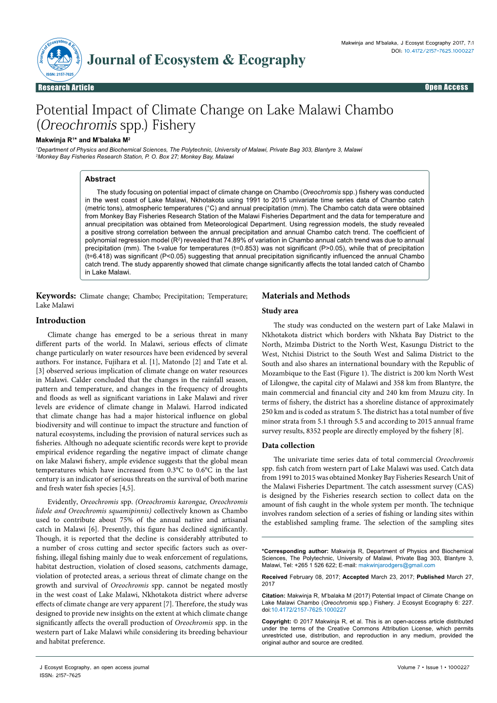 Potential Impact of Climate Change on Lake Malawi Chambo