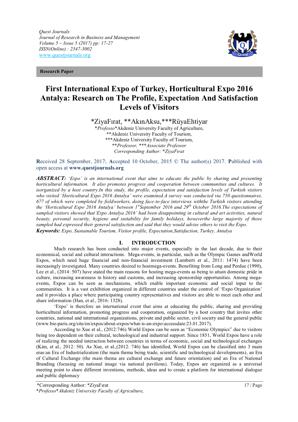 First International Expo of Turkey, Horticultural Expo 2016 Antalya: Research on the Profile, Expectation and Satisfaction Levels of Visitors