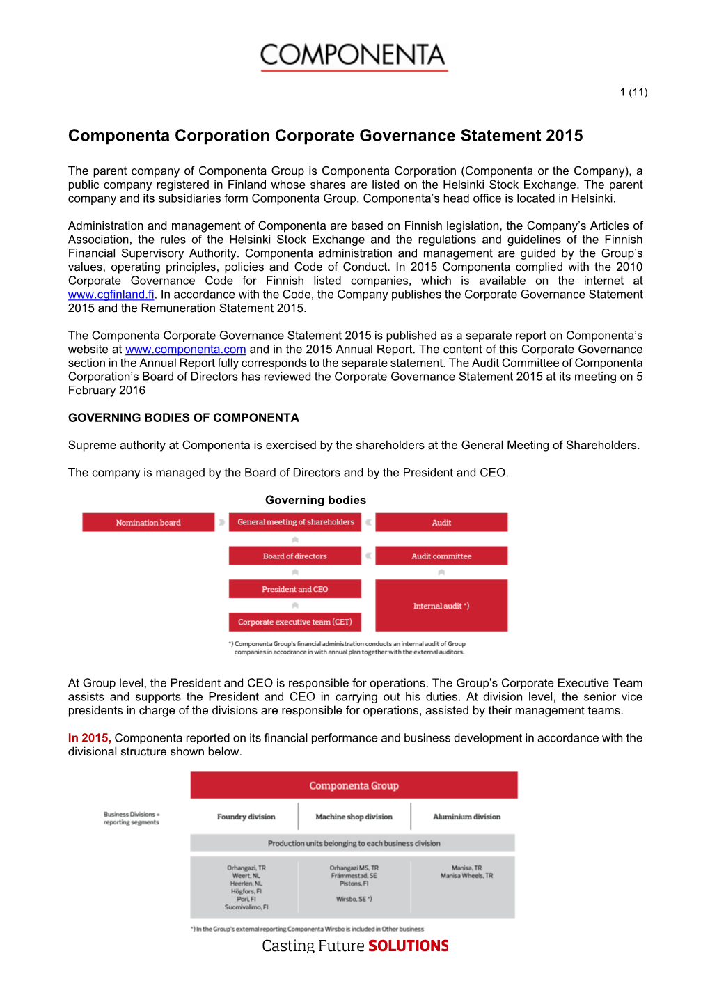 Componenta Corporation Corporate Governance Statement 2015