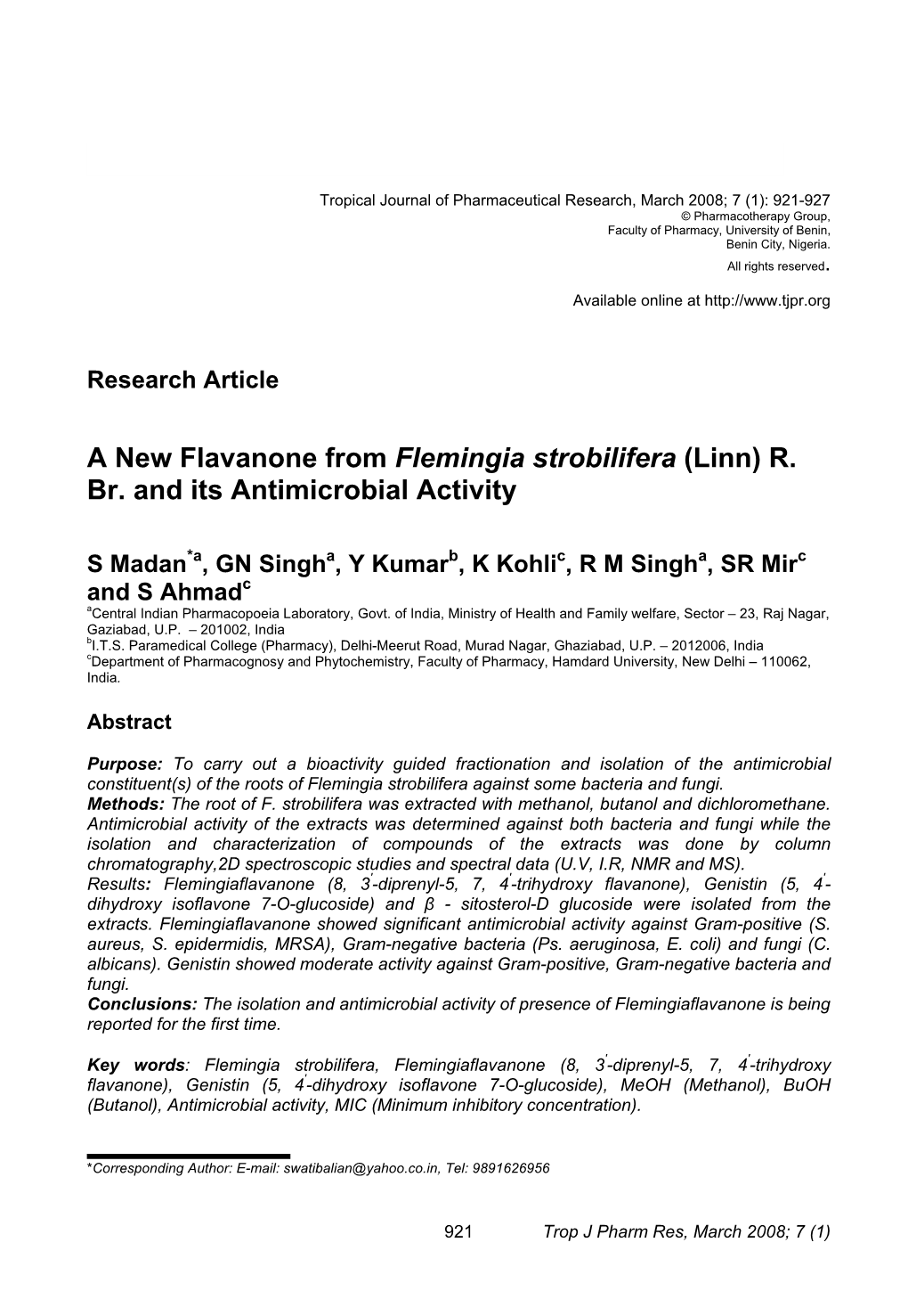 A New Flavanone from Flemingia Strobilifera (Linn) R. Br. and Its Antimicrobial Activity