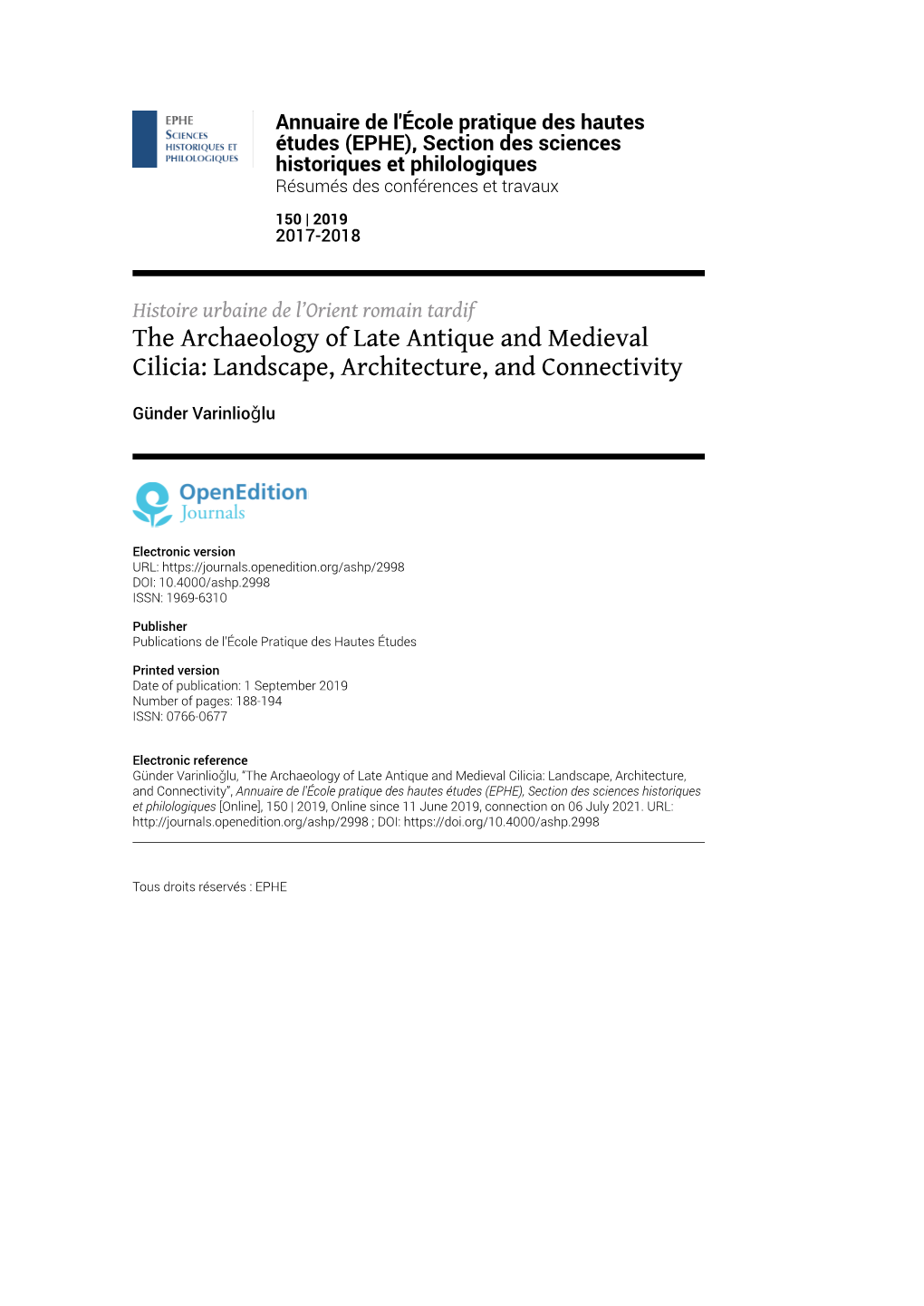 The Archaeology of Late Antique and Medieval Cilicia: Landscape, Architecture, and Connectivity