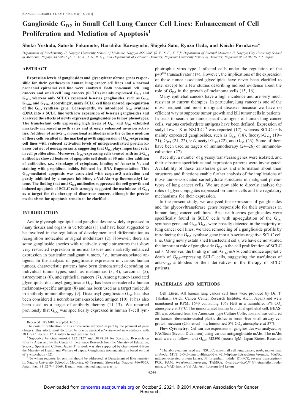 Ganglioside GD2 in Small Cell Lung Cancer Cell Lines: Enhancement of Cell Proliferation and Mediation of Apoptosis1