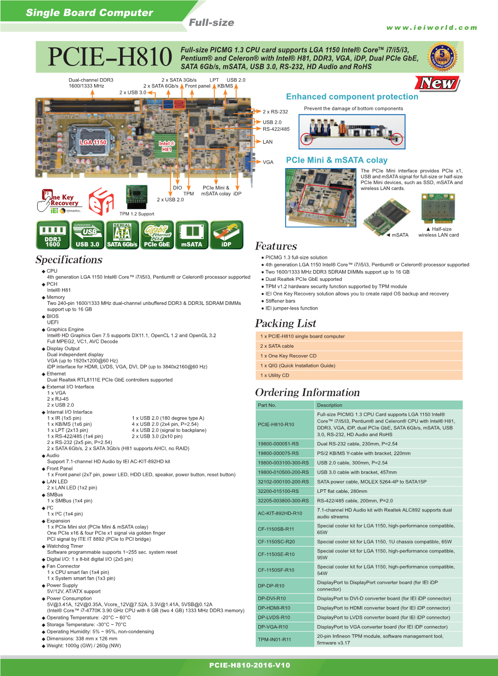 PCIE-H810 SATA 6Gb/S, Msata, USB 3.0, RS-232, HD Audio and Rohs