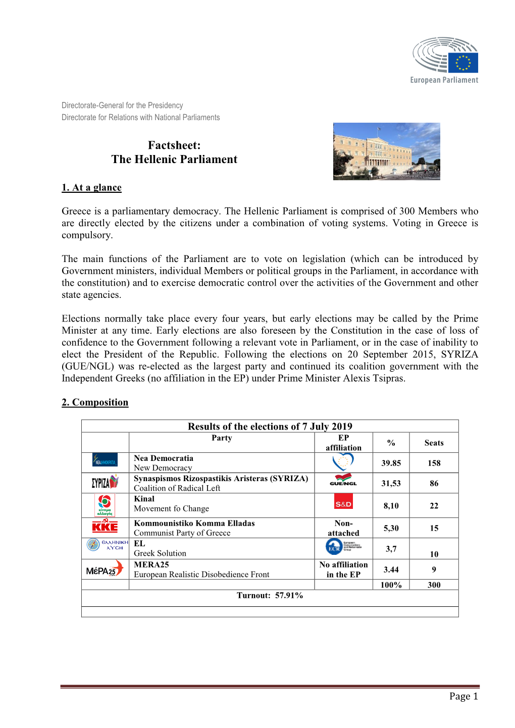 Factsheet: the Hellenic Parliament