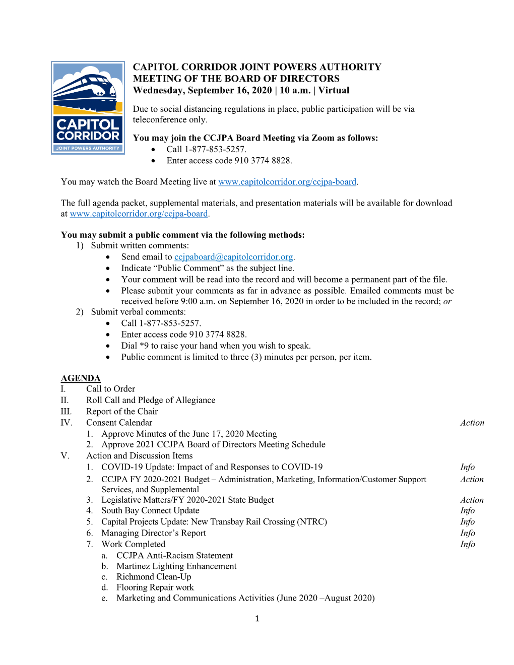 CAPITOL CORRIDOR JOINT POWERS AUTHORITY MEETING of the BOARD of DIRECTORS Wednesday, September 16, 2020 | 10 A.M
