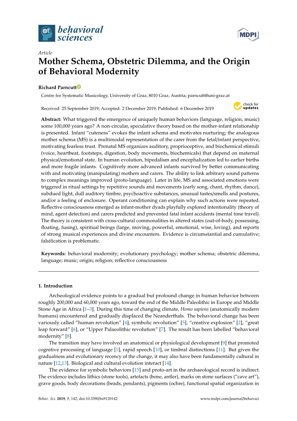 Mother Schema, Obstetric Dilemma, and the Origin of Behavioral Modernity