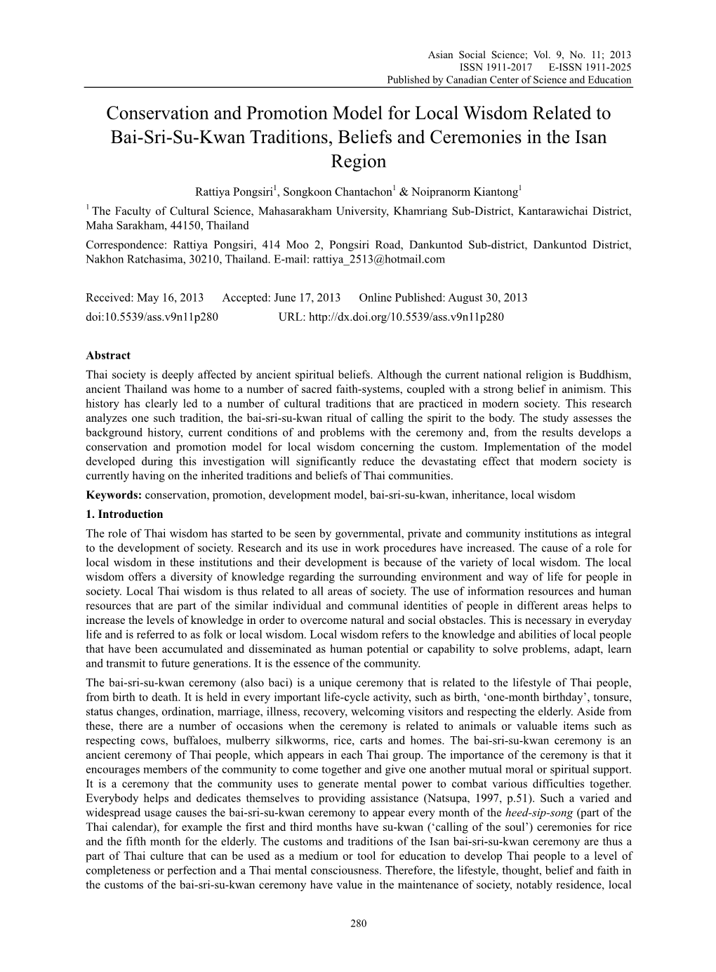 Conservation and Promotion Model for Local Wisdom Related to Bai-Sri-Su-Kwan Traditions, Beliefs and Ceremonies in the Isan Region