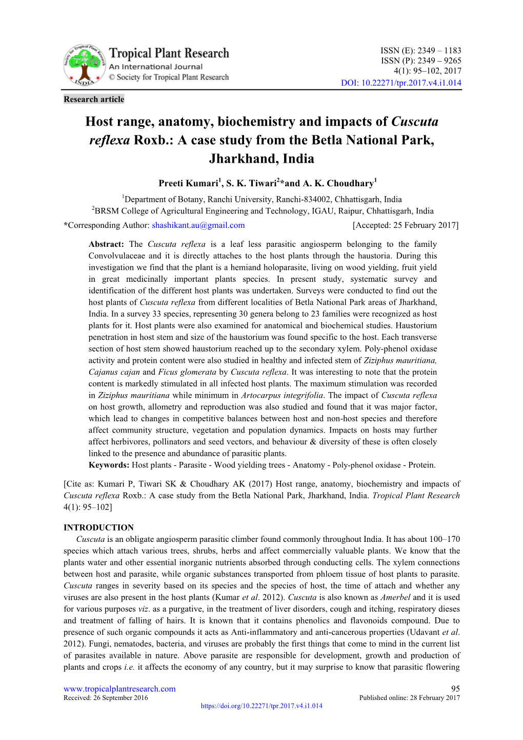 Host Range, Anatomy, Biochemistry and Impacts of Cuscuta Reflexa Roxb.: a Case Study from the Betla National Park, Jharkhand, India