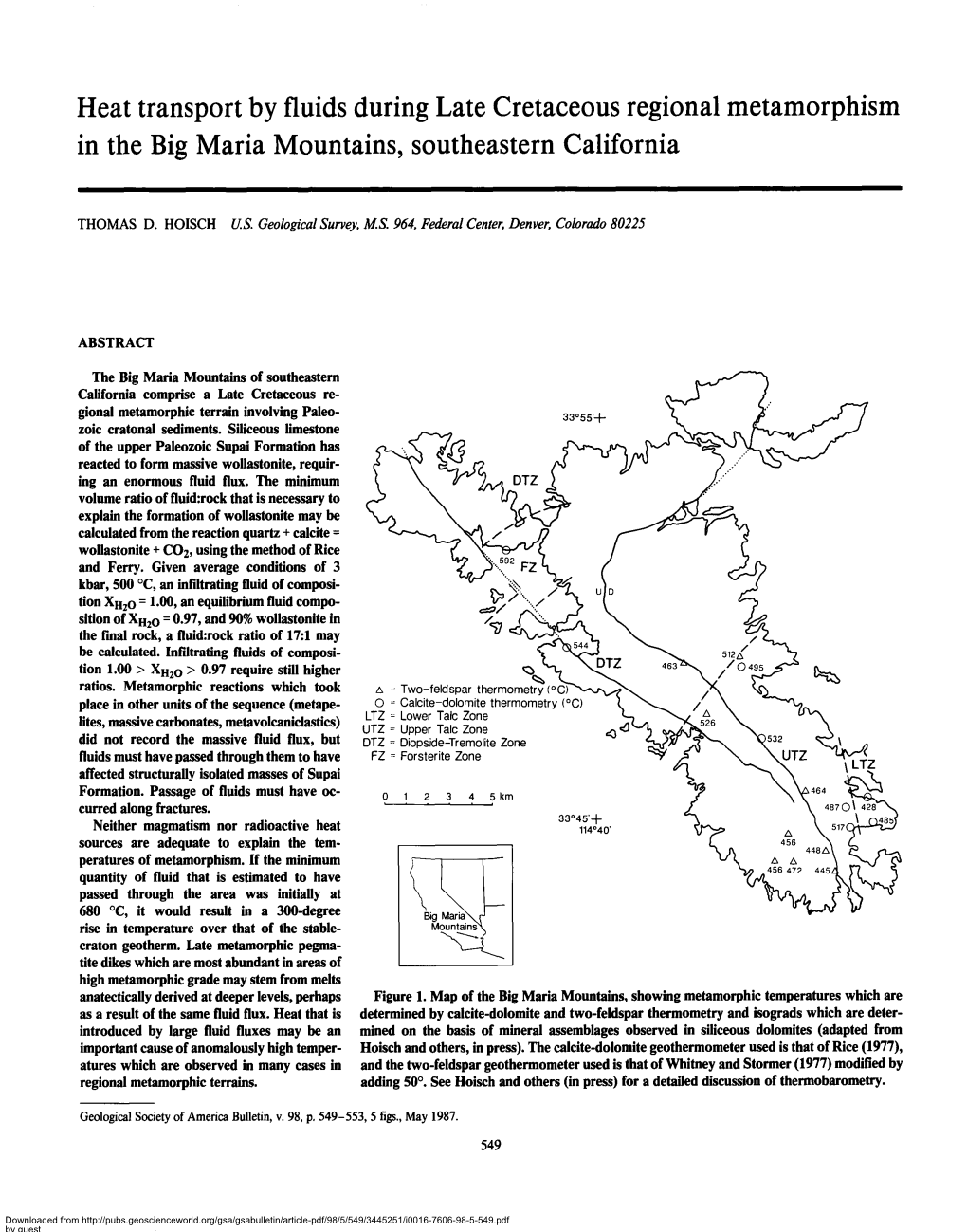 Heat Transport by Fluids During Late Cretaceous Regional Metamorphism in the Big Maria Mountains, Southeastern California