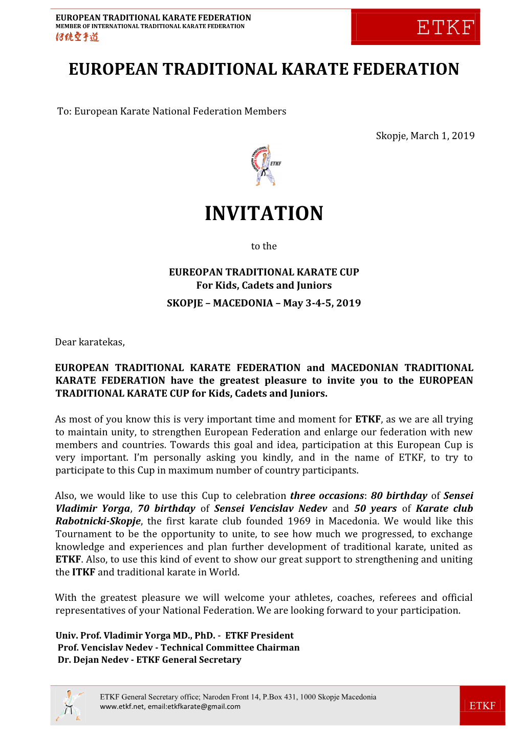 Official Invitation for ETKF European Cup 2019 in Skopje Macedonia