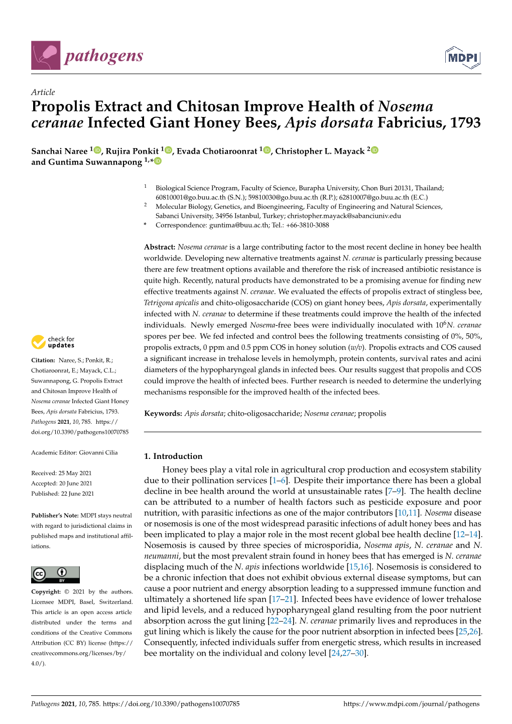 Propolis Extract and Chitosan Improve Health of Nosema Ceranae Infected Giant Honey Bees, Apis Dorsata Fabricius, 1793