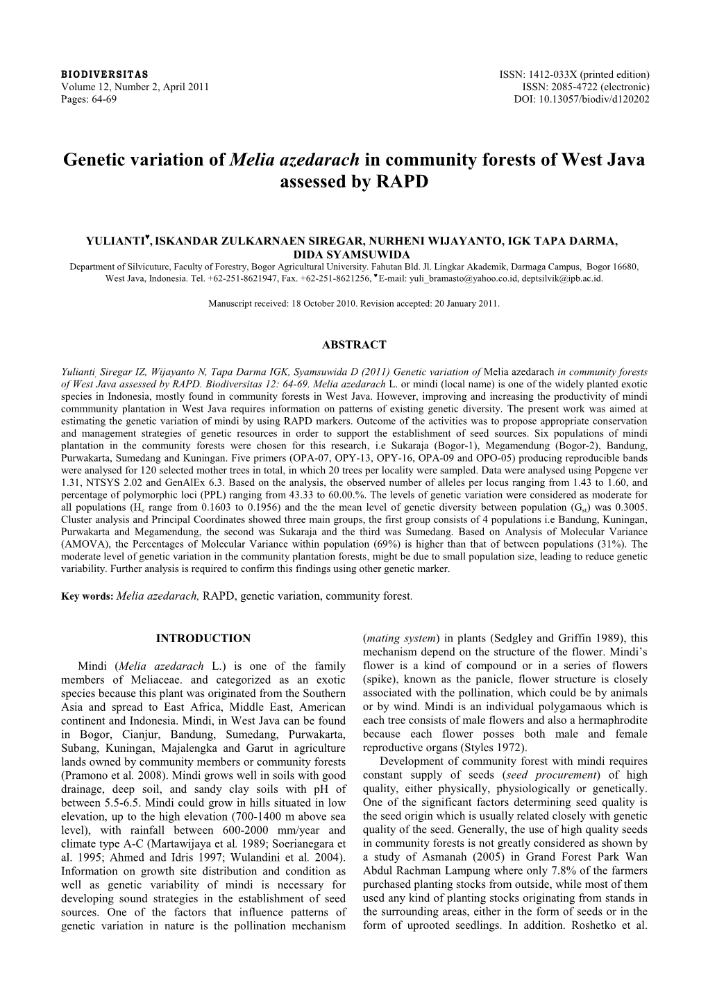 Genetic Variation of Melia Azedarach in Community Forests of West Java Assessed by RAPD