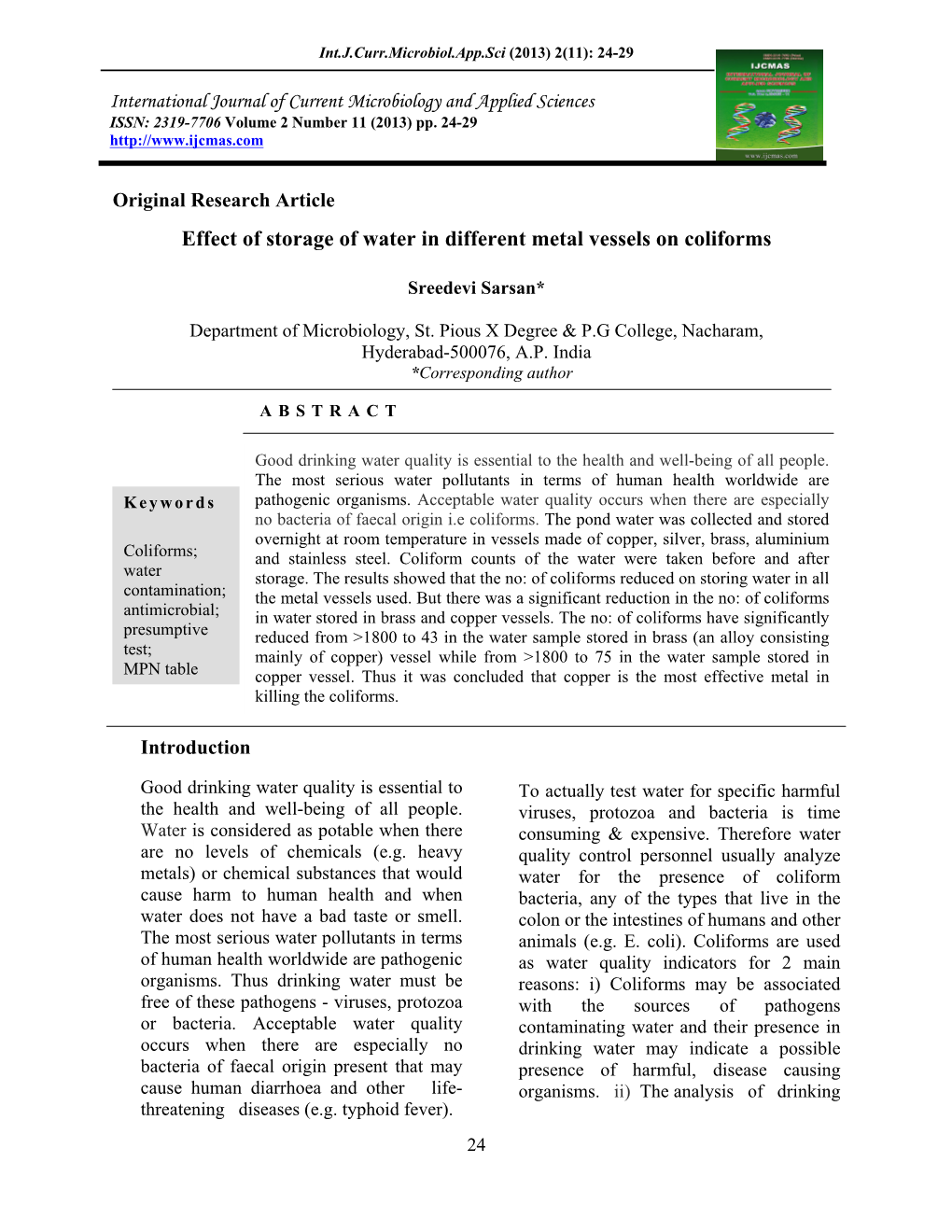 Effect of Storage of Water in Different Metal Vessels on Coliforms