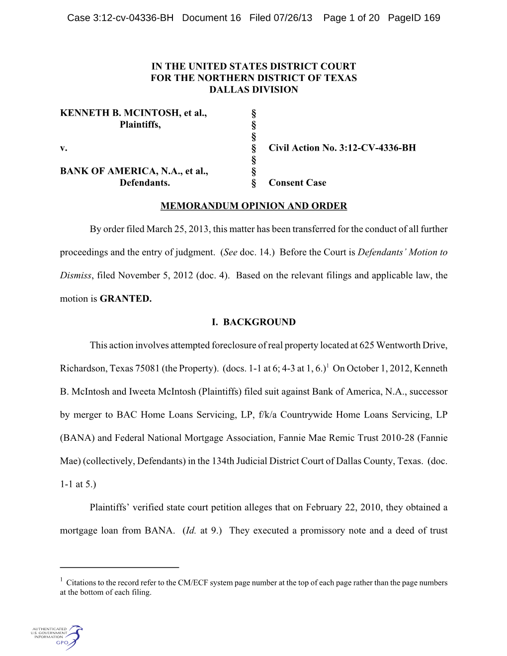 Case 3:12-Cv-04336-BH Document 16 Filed 07/26/13 Page 1 of 20 Pageid 169