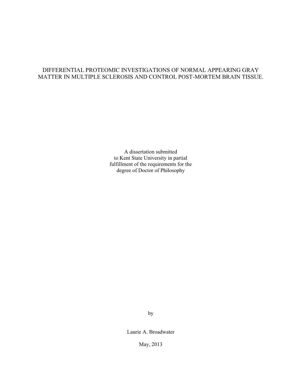 Differential Proteomic Investigations of Normal Appearing Gray Matter in Multiple Sclerosis and Control Post-Mortem Brain Tissue