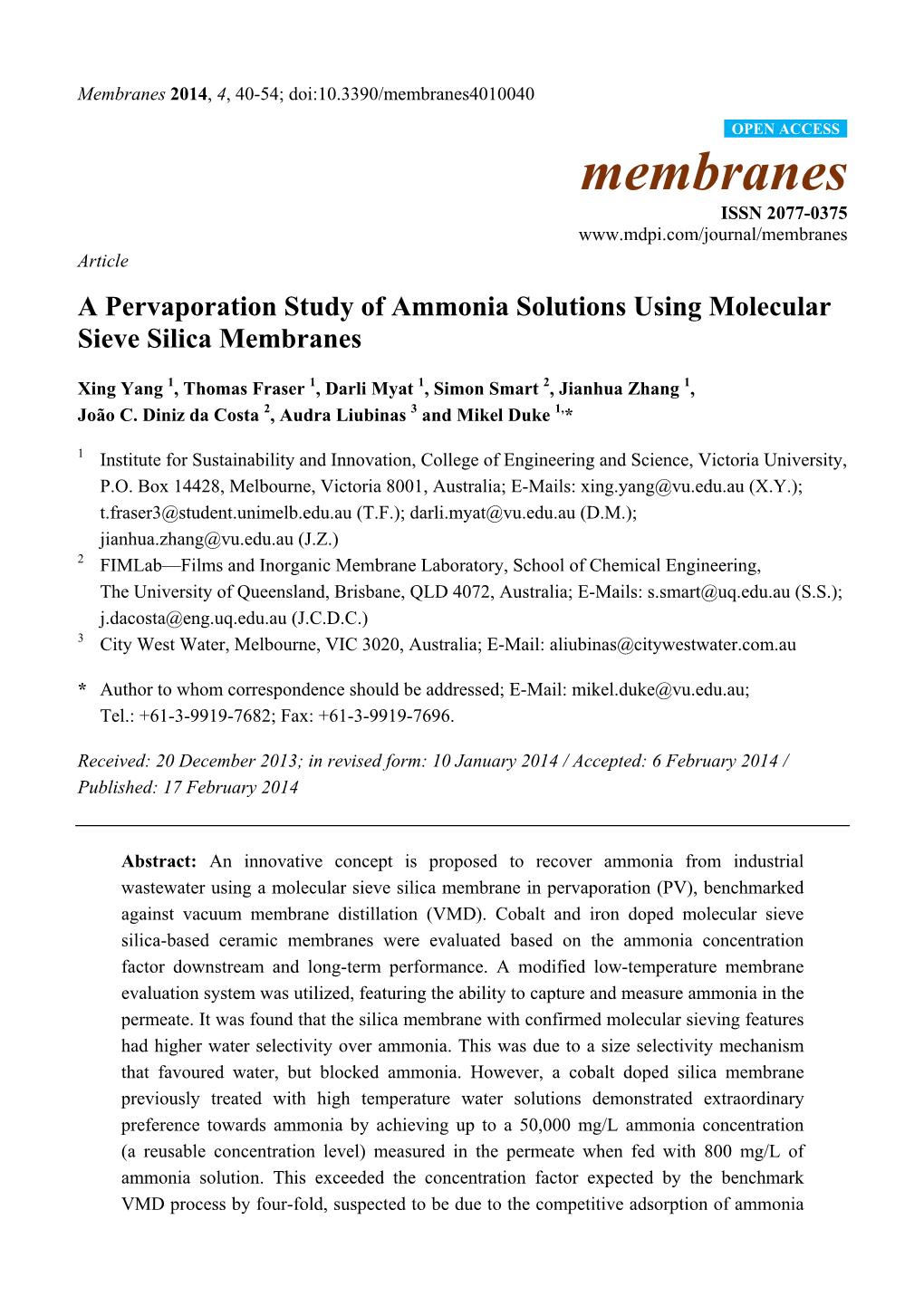 A Pervaporation Study of Ammonia Solutions Using Molecular Sieve Silica Membranes