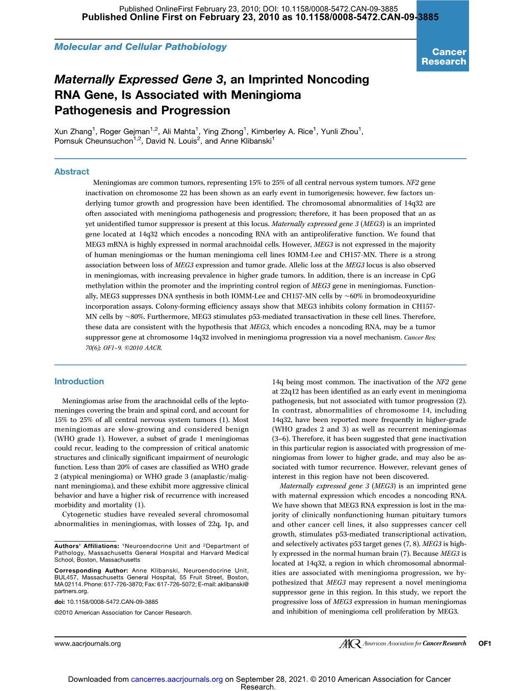 Maternally Expressed Gene 3, an Imprinted Noncoding RNA Gene, Is Associated with Meningioma Pathogenesis and Progression