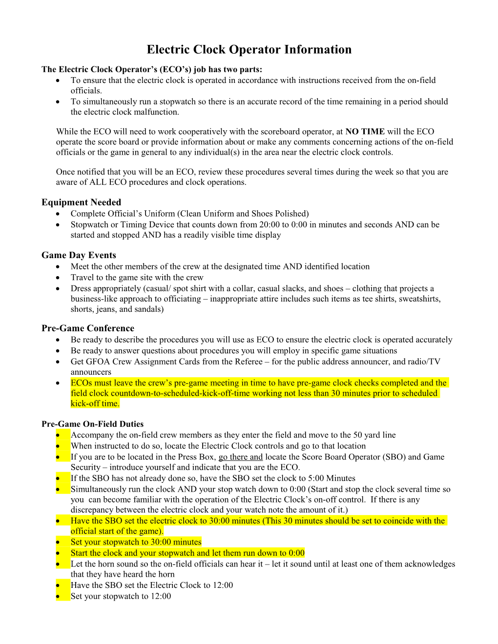 Electric Clock Operator Information