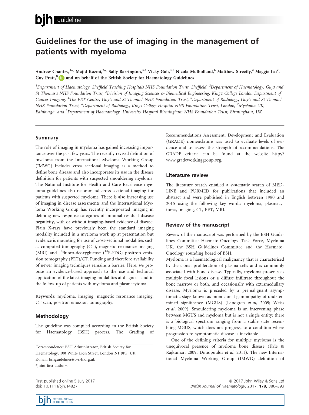 Guidelines for the Use of Imaging in the Management of Patients with Myeloma