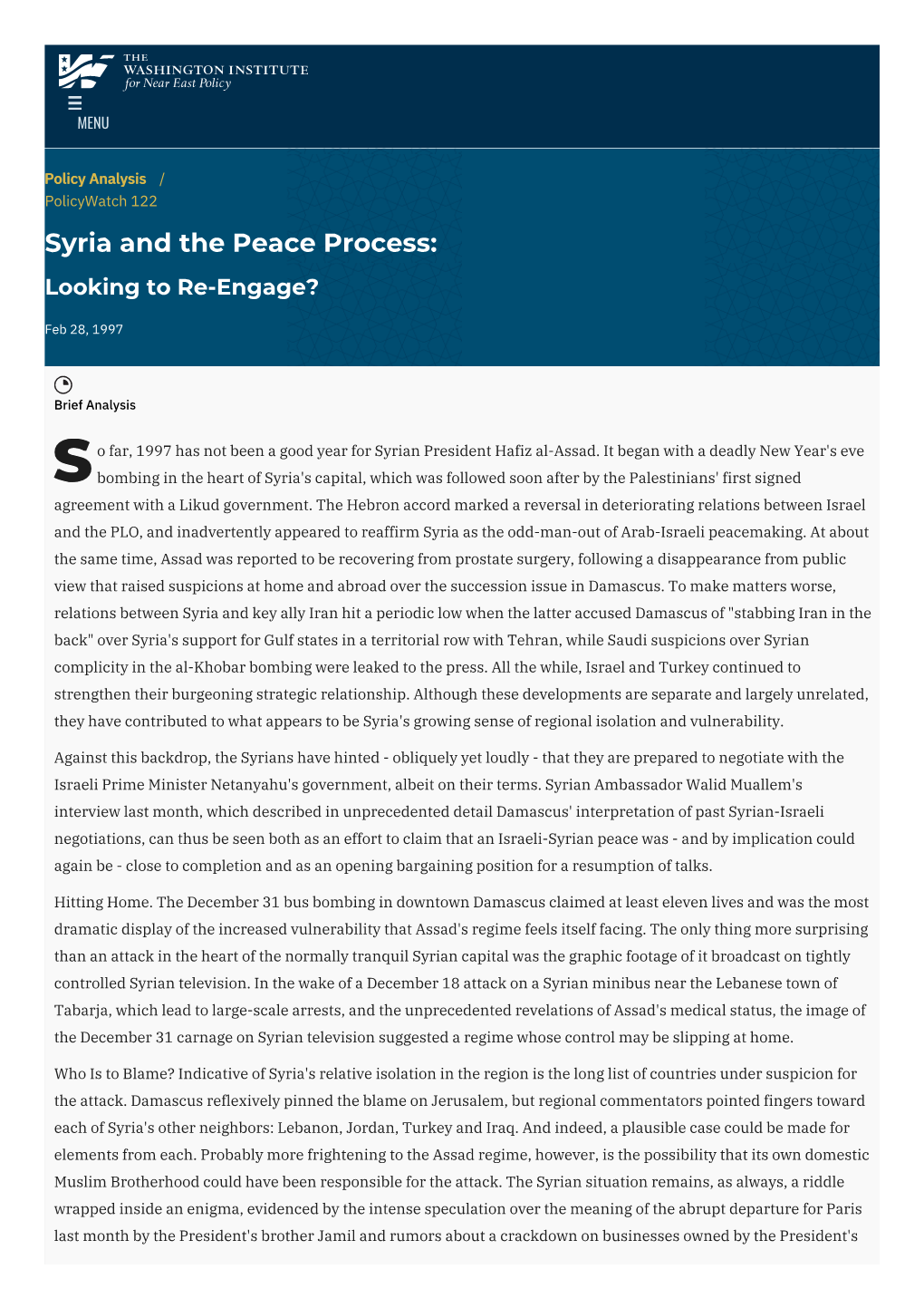 Syria and the Peace Process: Looking to Re-Engage?