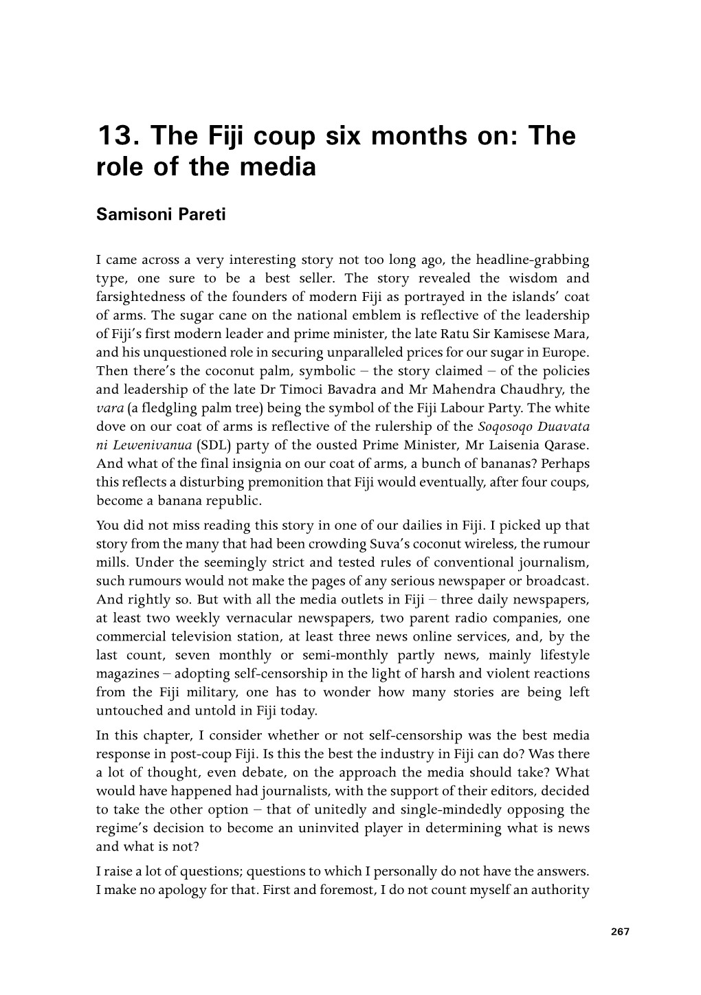 13. the Fiji Coup Six Months On: the Role of the Media