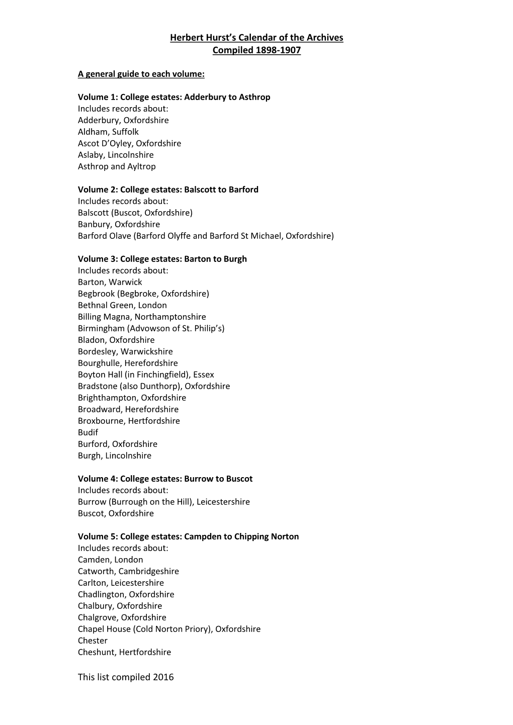Herbert Hurst’S Calendar of the Archives Compiled 1898-1907