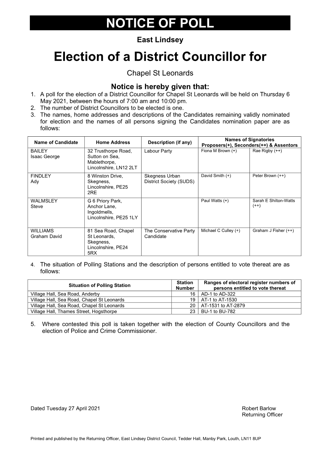 NOTICE of POLL Election of a District Councillor