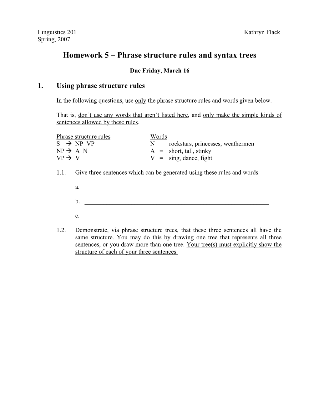 Homework 5 – Phrase Structure Rules and Syntax Trees