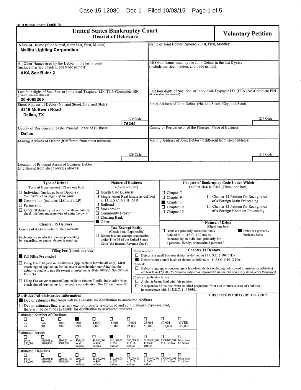 Case 15-12080 Doc 1 Filed 10/08/15 Page 1 of 5