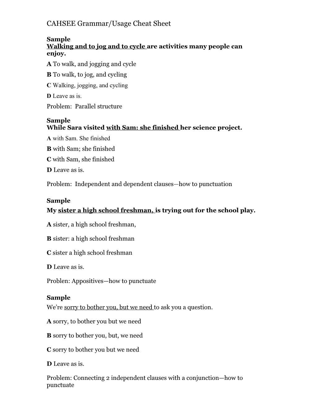 CAHSEE Grammar/Usage Cheat Sheet