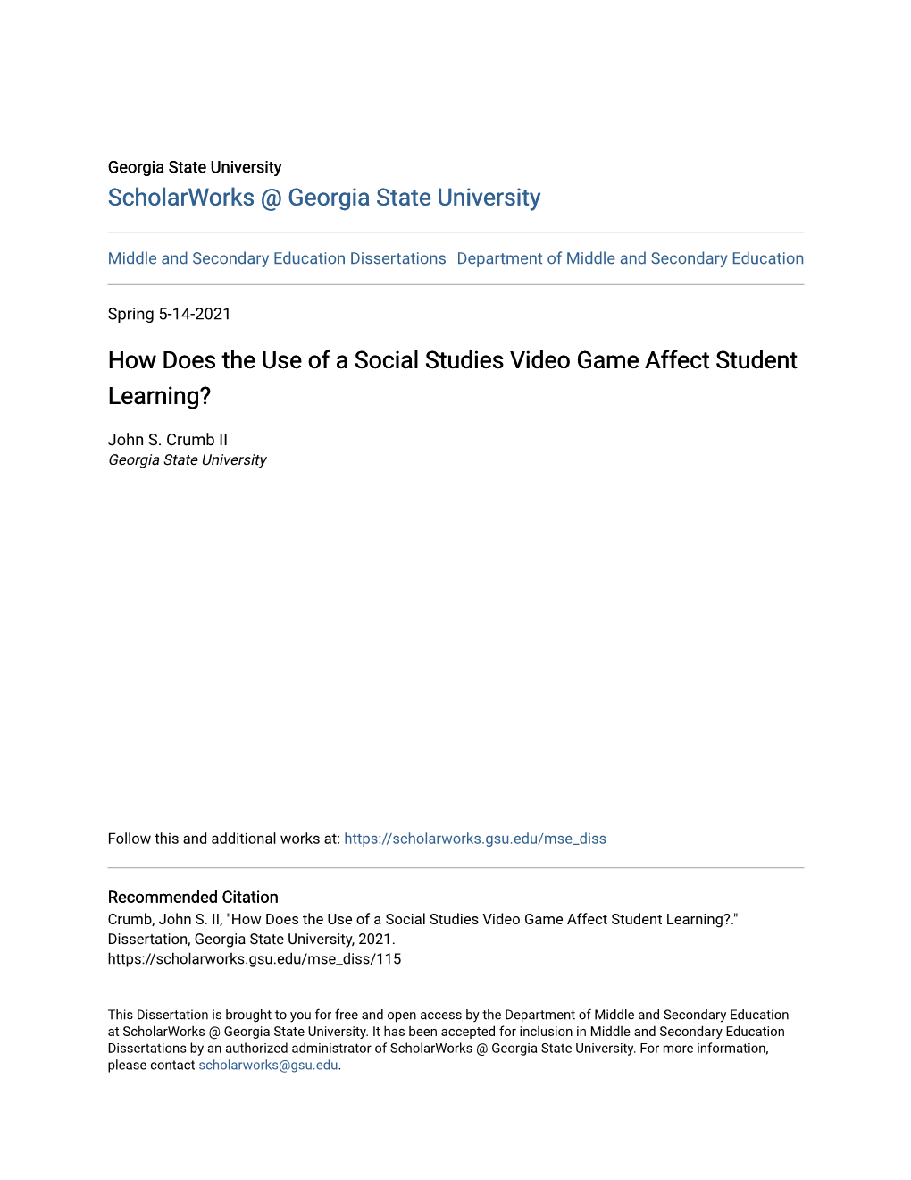 How Does the Use of a Social Studies Video Game Affect Student Learning?