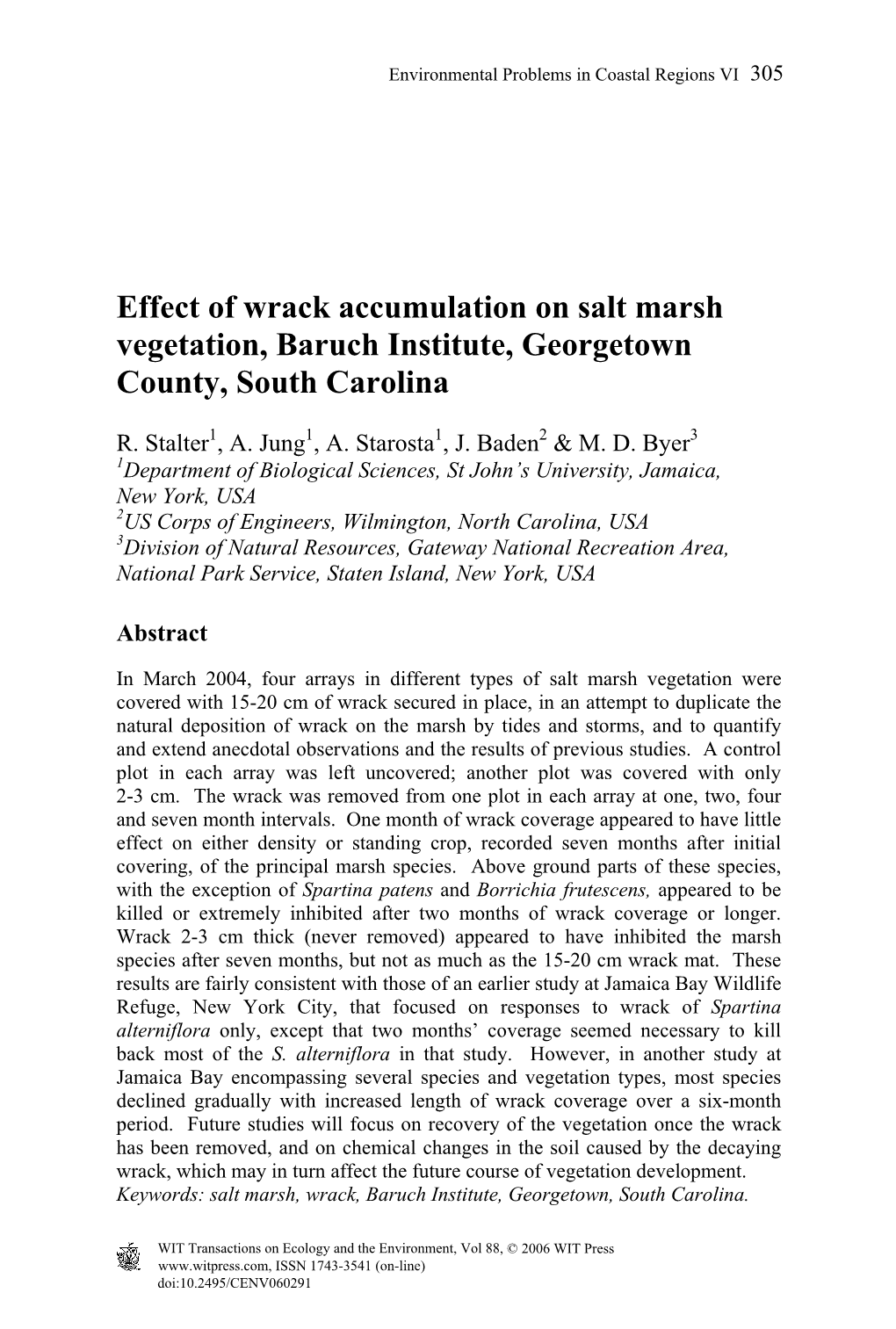 Effect of Wrack Accumulation on Salt Marsh Vegetation, Baruch Institute, Georgetown County, South Carolina