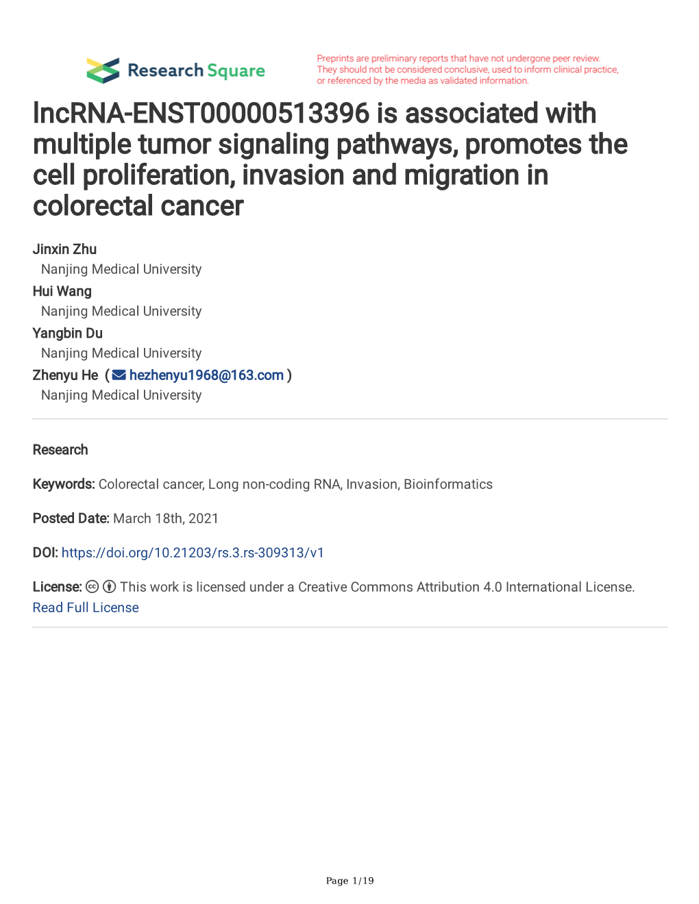 Lncrna-ENST00000513396 Is Associated with Multiple Tumor Signaling Pathways, Promotes the Cell Proliferation, Invasion and Migration in Colorectal Cancer