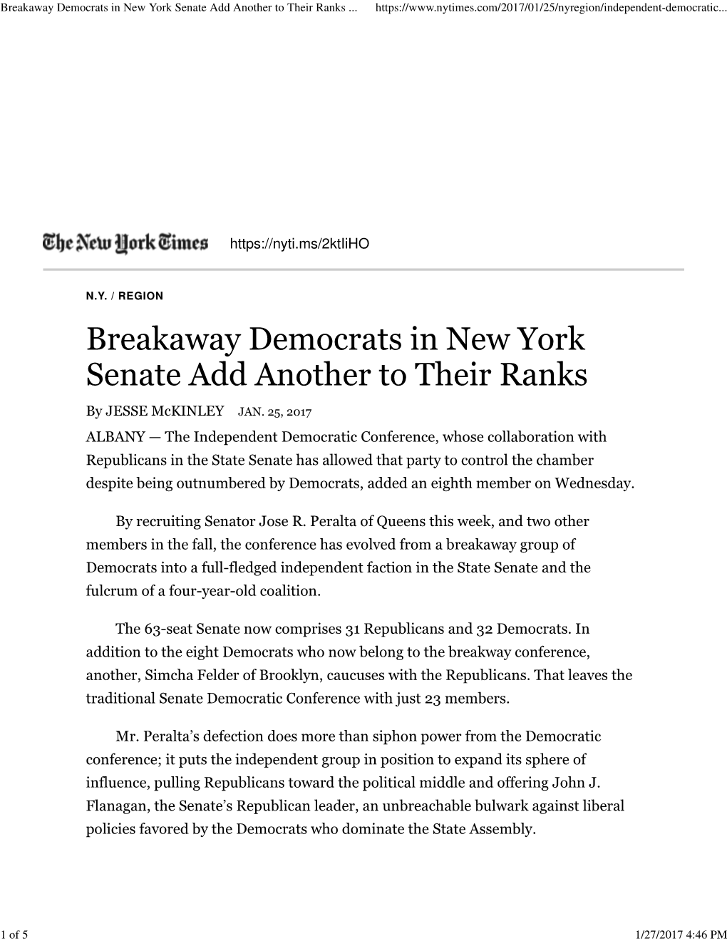 Breakaway Democrats in New York Senate Add Another to Their Ranks