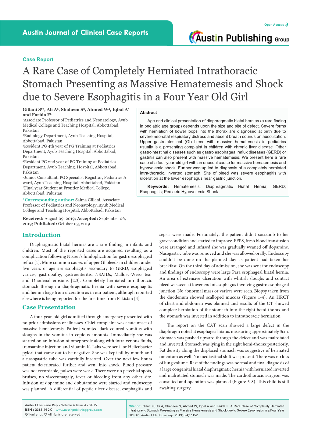 A Rare Case of Completely Herniated Intrathoracic Stomach Presenting As Massive Hematemesis and Shock Due to Severe Esophagitis in a Four Year Old Girl