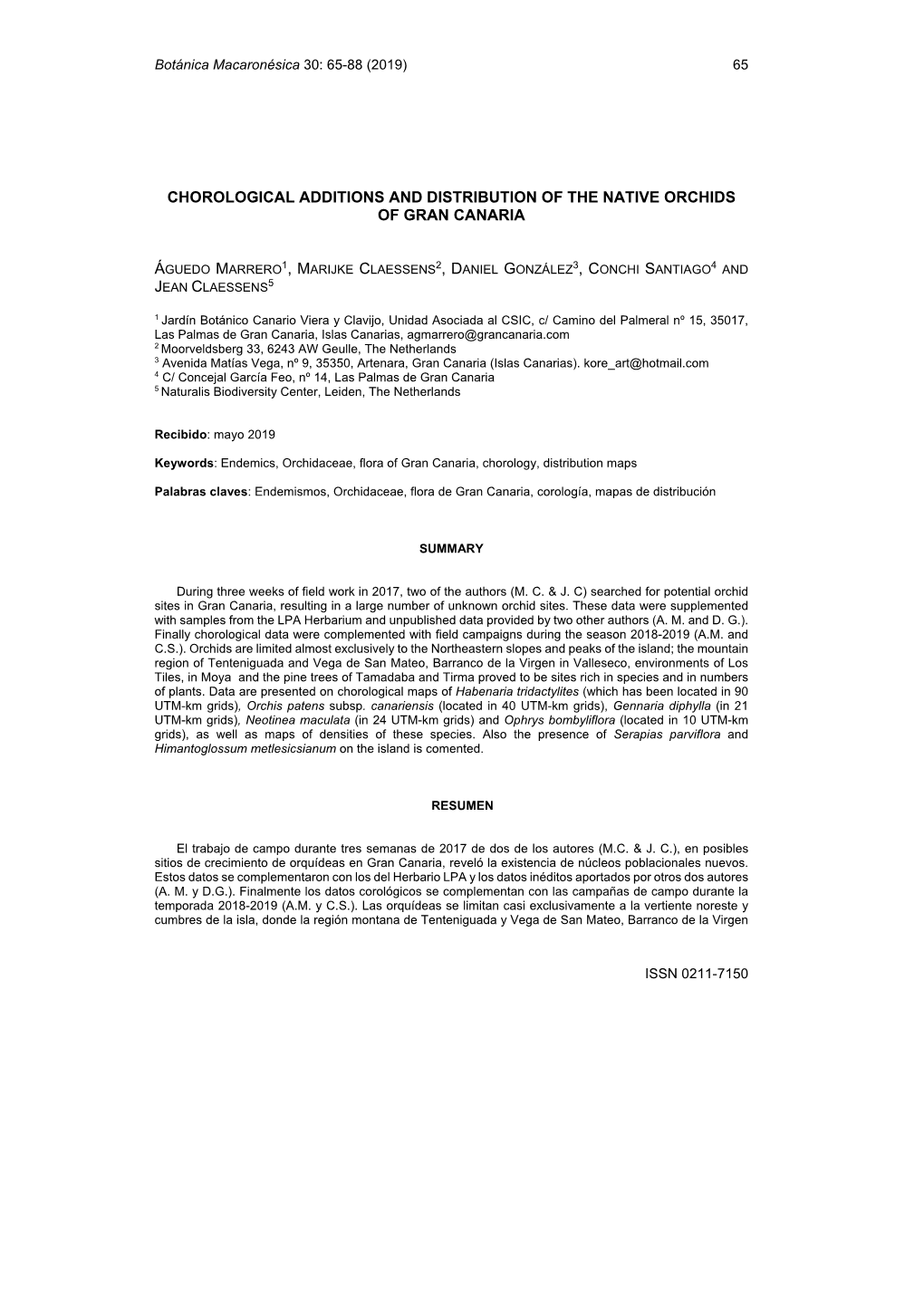 Chorological Additions and Distribution of the Native Orchids of Gran Canaria