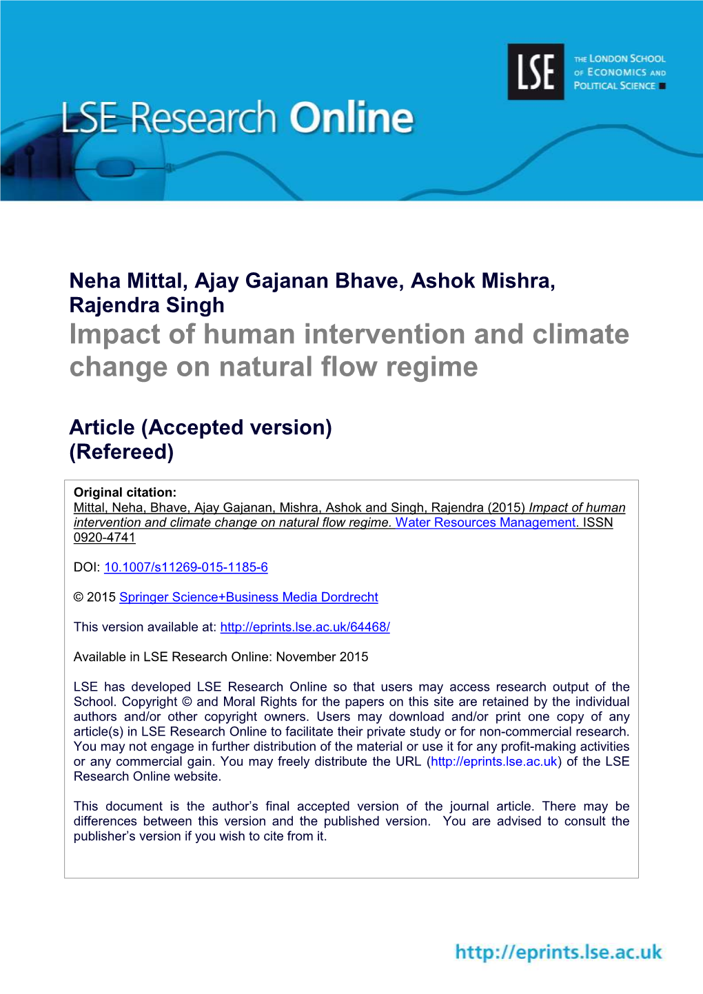 Impact of Human Intervention and Climate Change on Natural Flow Regime