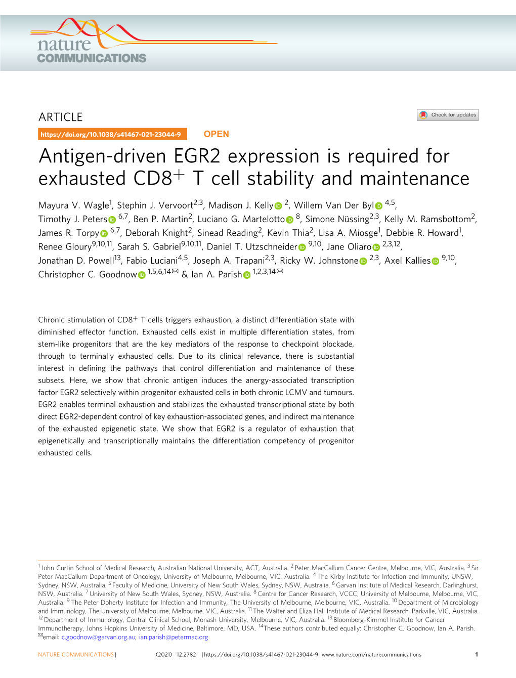 Antigen-Driven EGR2 Expression Is Required for Exhausted CD8+ T Cell Stability and Maintenance