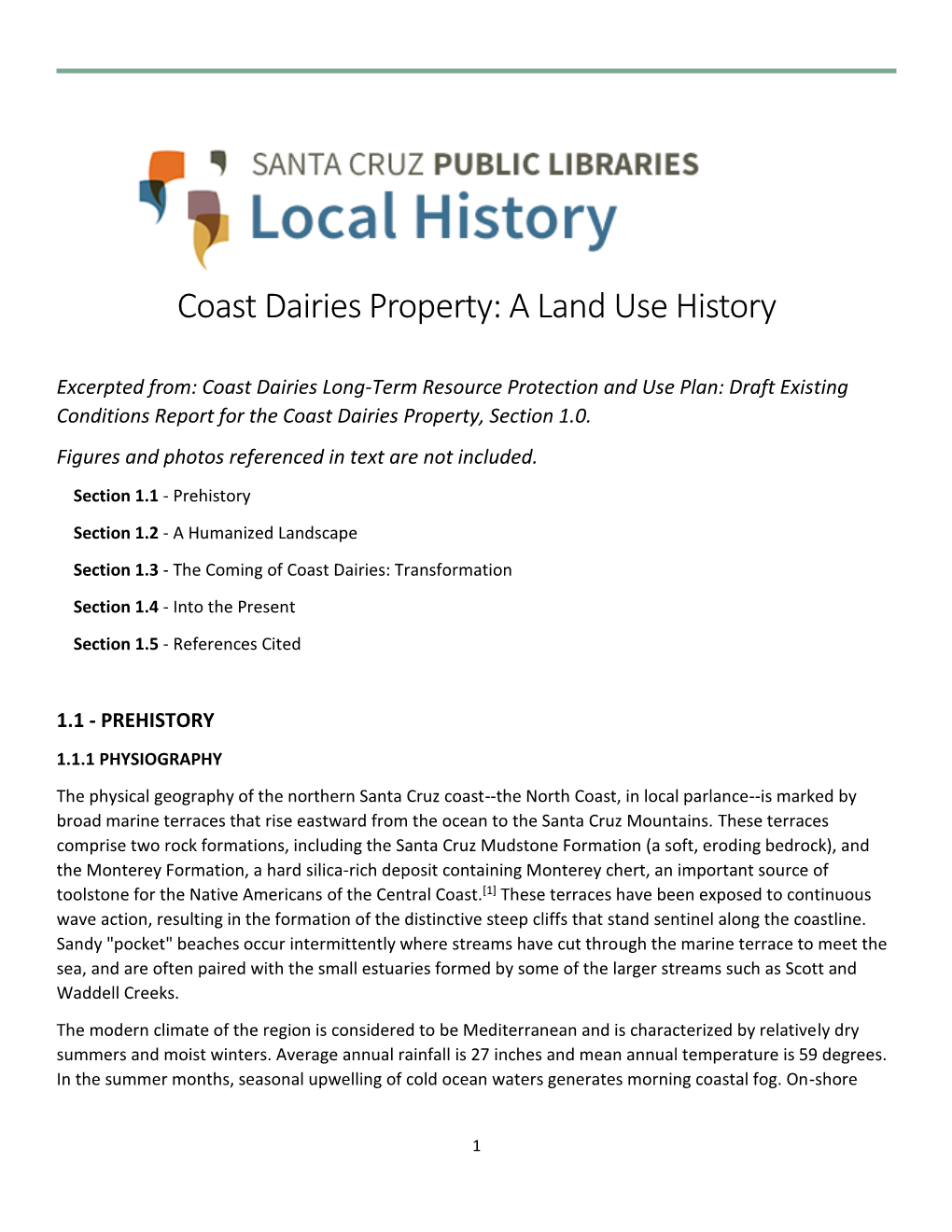 Coast Dairies Property: a Land Use History