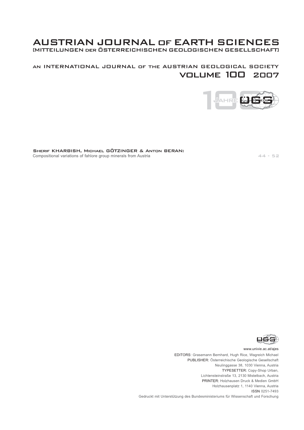 Austrian Journal of Earth Sciences Volume 100 Vienna 2007 Compositional Variations of Fahlore Group Minerals from Austria