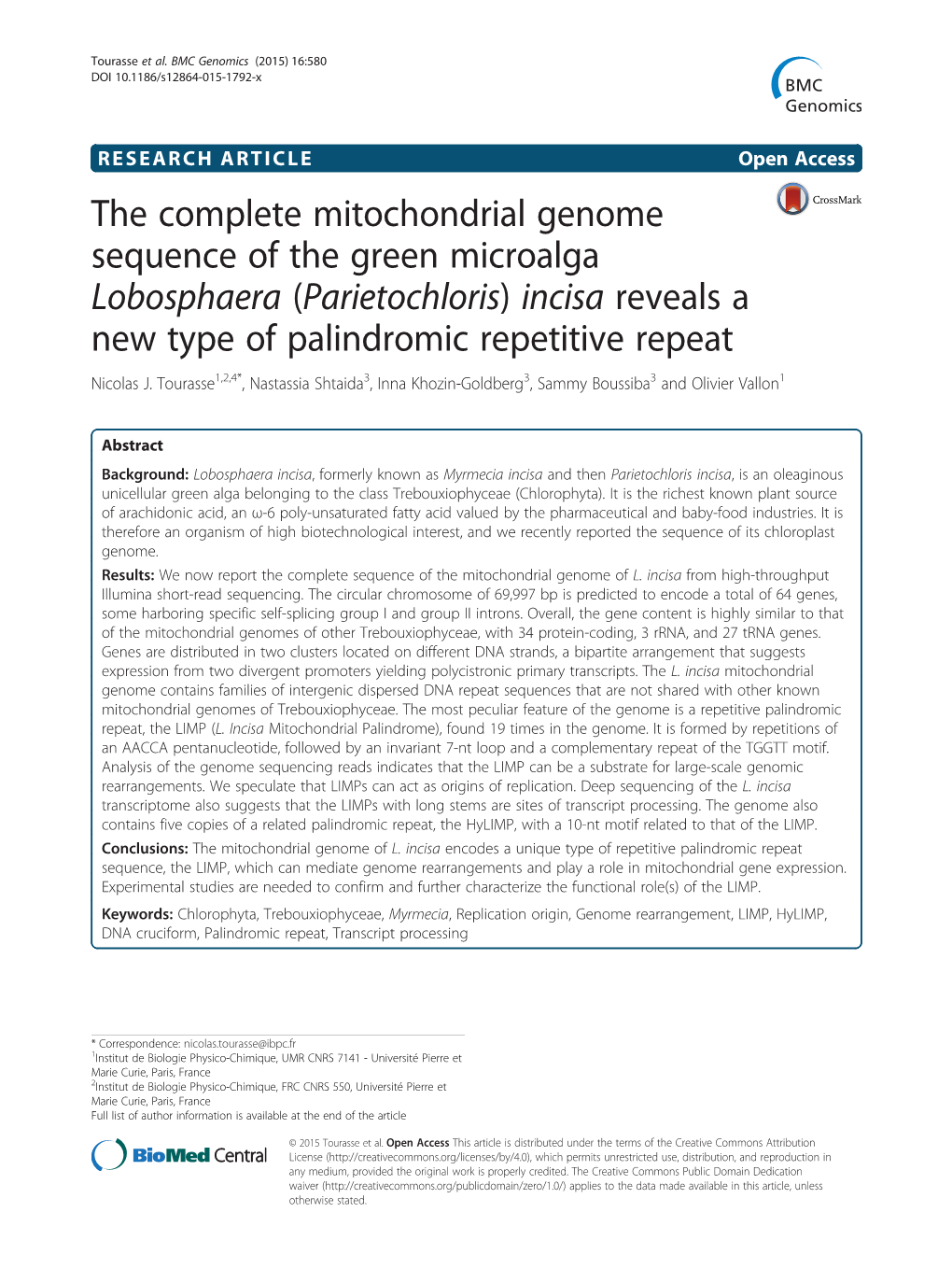 The Complete Mitochondrial Genome Sequence of the Green Microalga Lobosphaera (Parietochloris) Incisa Reveals a New Type of Palindromic Repetitive Repeat Nicolas J