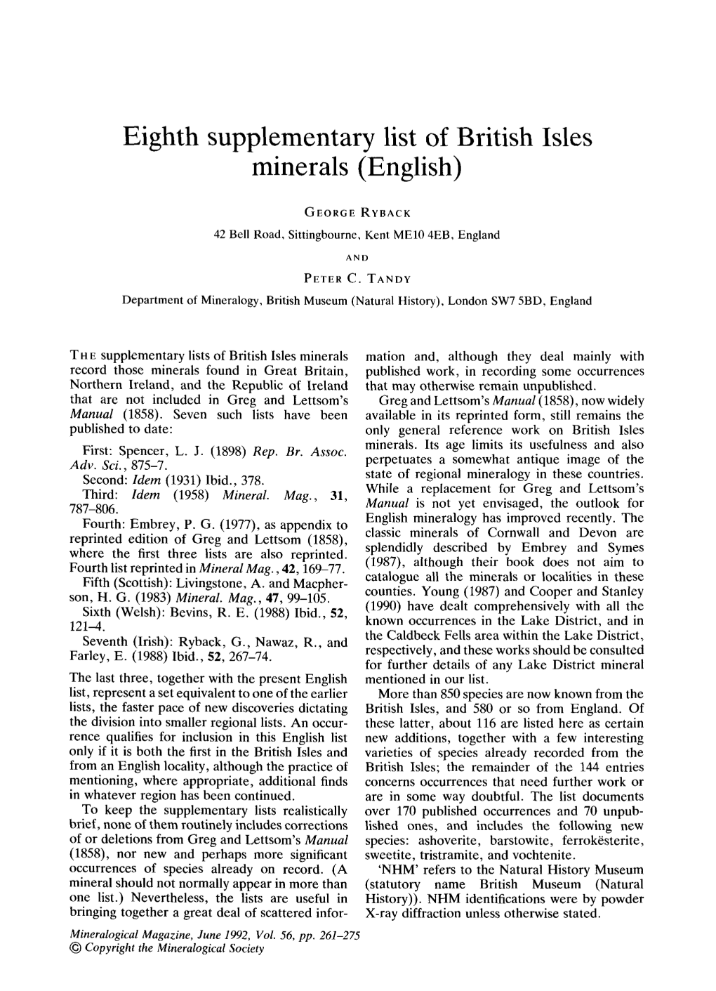 Eighth Supplementary List of British Isles Minerals (English)