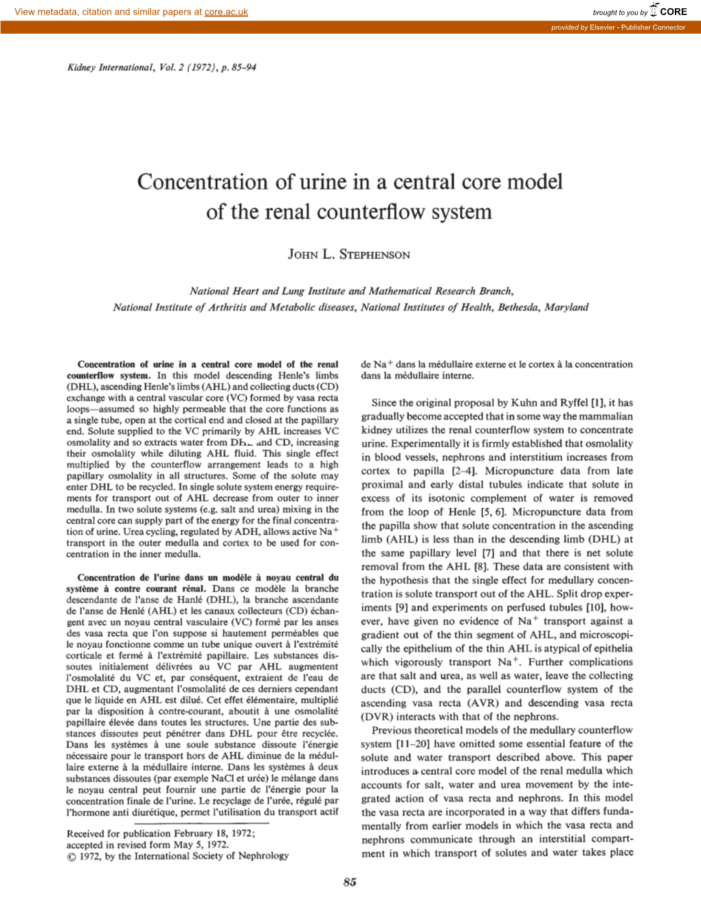 Concentration of Urine in a Central Core Model of the Renal Counterflow System