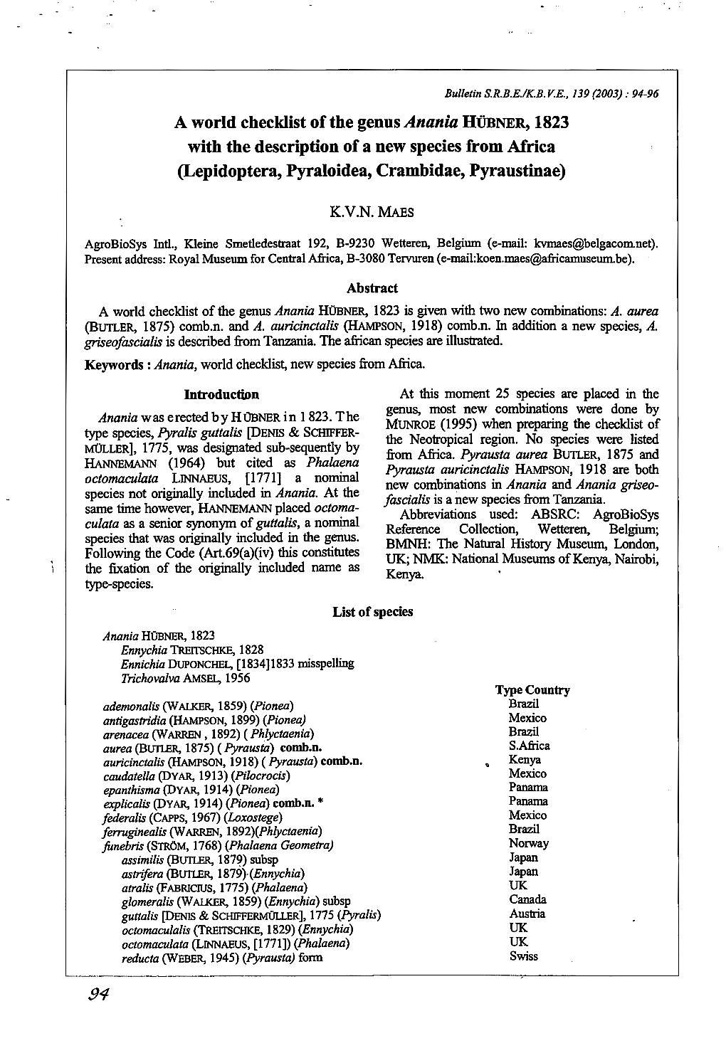 A World Checklist of the Genus Anania HUHNER, 1823 with the Description of a New Species from Africa (Lepidoptera, Pyraloidea, Crambidae, Pyraustinae)