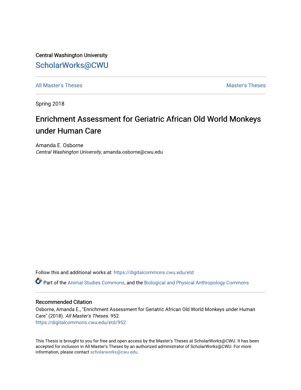 Enrichment Assessment for Geriatric African Old World Monkeys Under Human Care