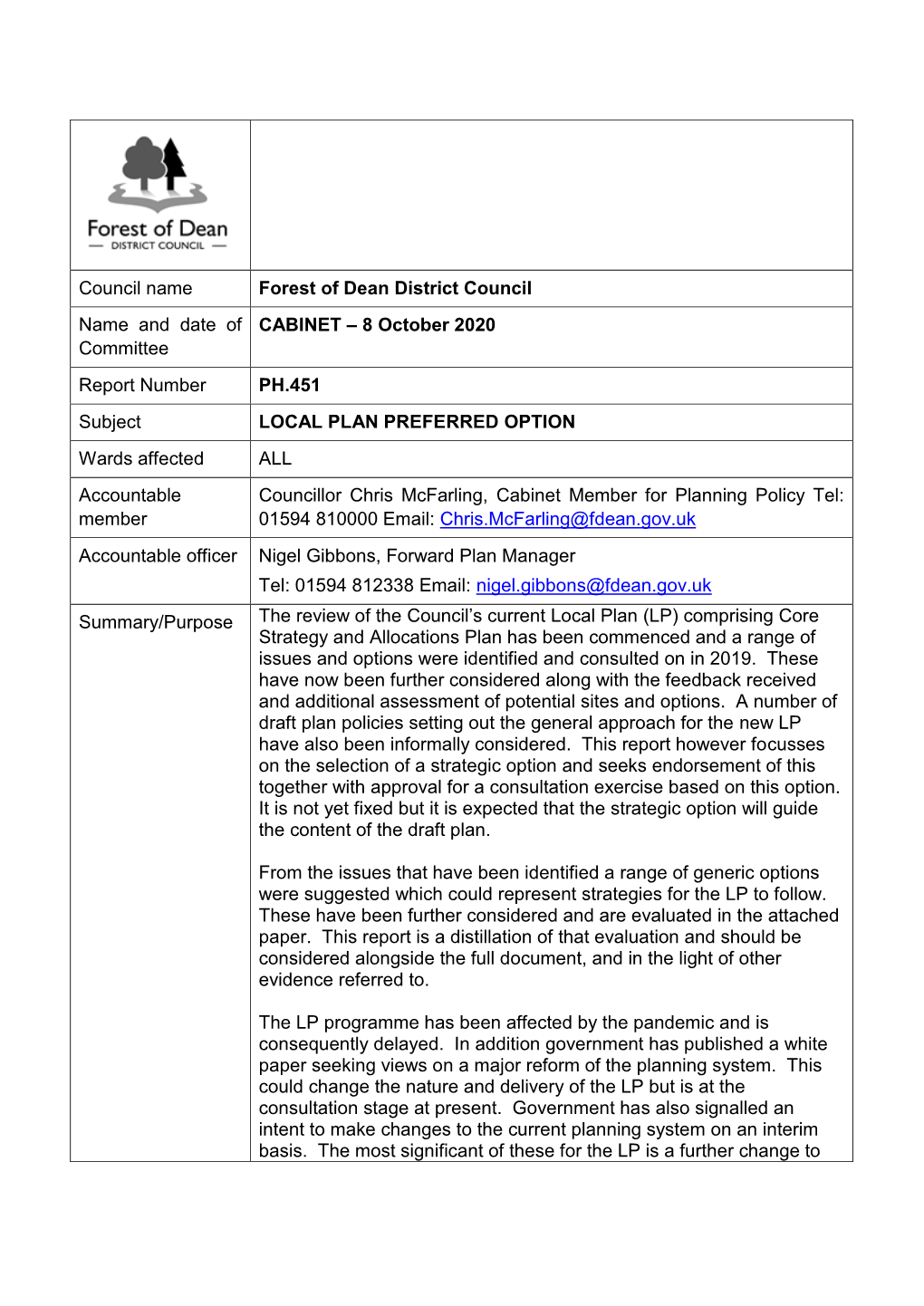 Local Plan Preferred Option Report