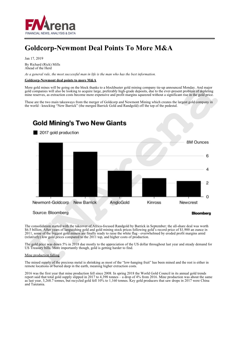 Goldcorp-Newmont Deal Points to More M&A