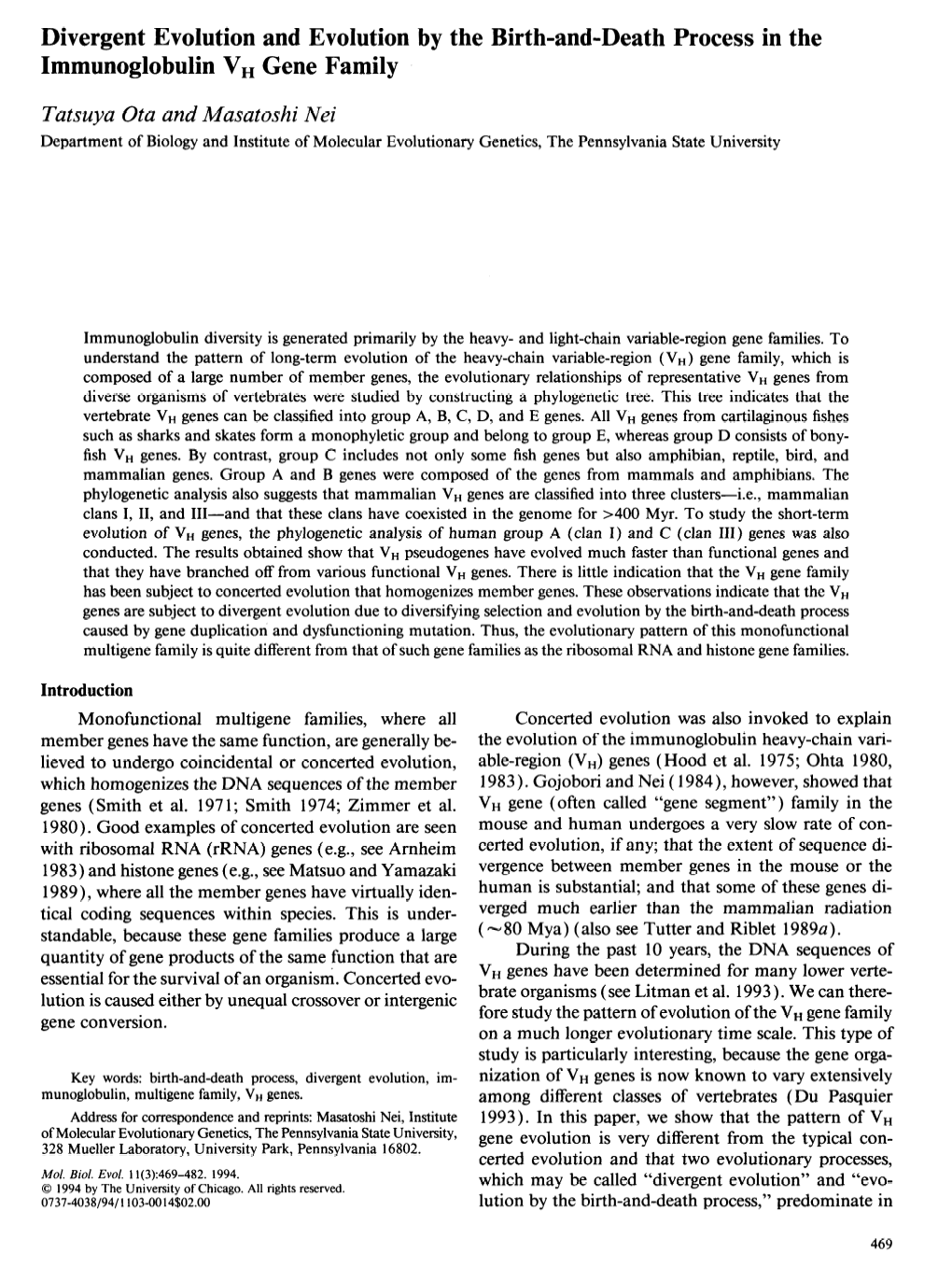 Divergent Evolution and Evolution by the Birth-And-Death Process in the Immunoglobulin VH Gene Family