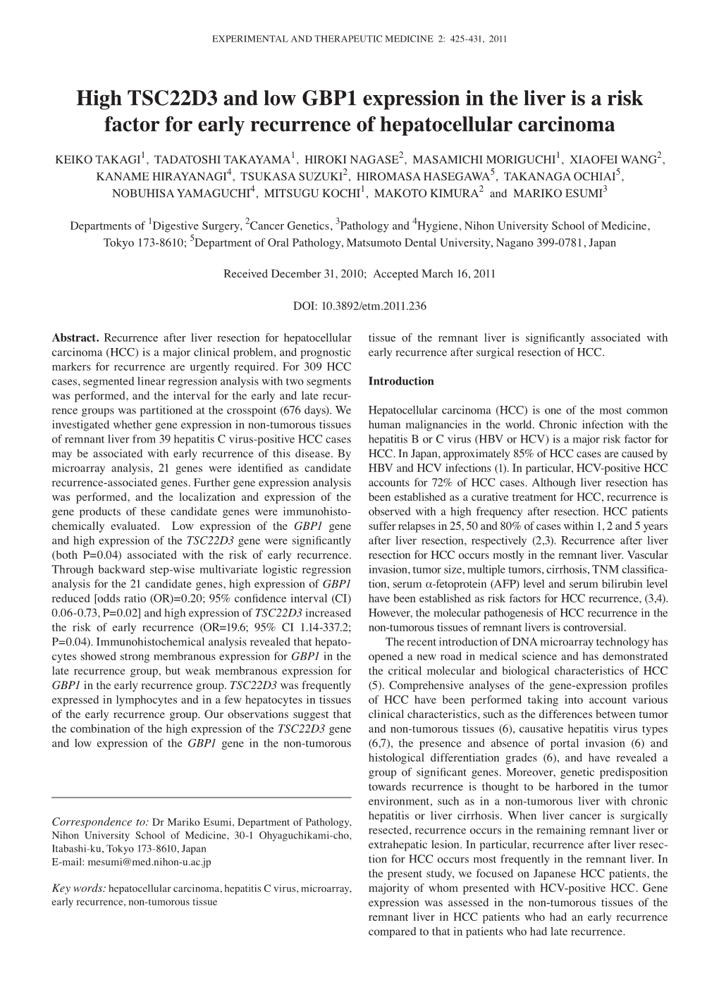 High TSC22D3 and Low GBP1 Expression in the Liver Is a Risk Factor for Early Recurrence of Hepatocellular Carcinoma